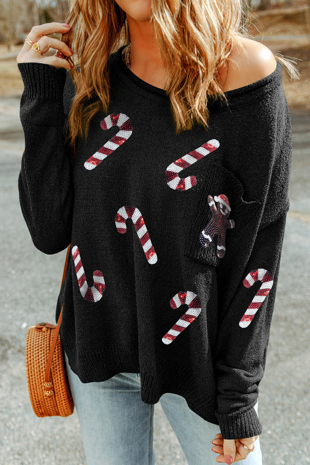 Green Sequined Candy Canes Gingerbread Man Sweater