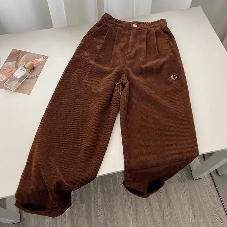 Retro High Waist Corduroy Pants Women Spring Fall Straight Causal Full Length Trousers Korean Fashion Baggy Outwear Pant 2024