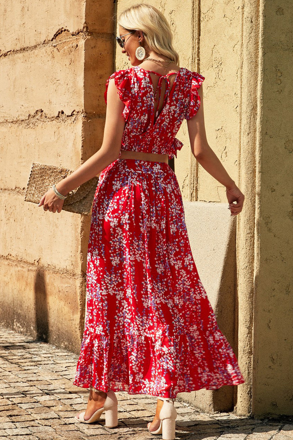 Women's Floral Ruffled Crop Top and Maxi Skirt Set for Fashionable and Fresh Style