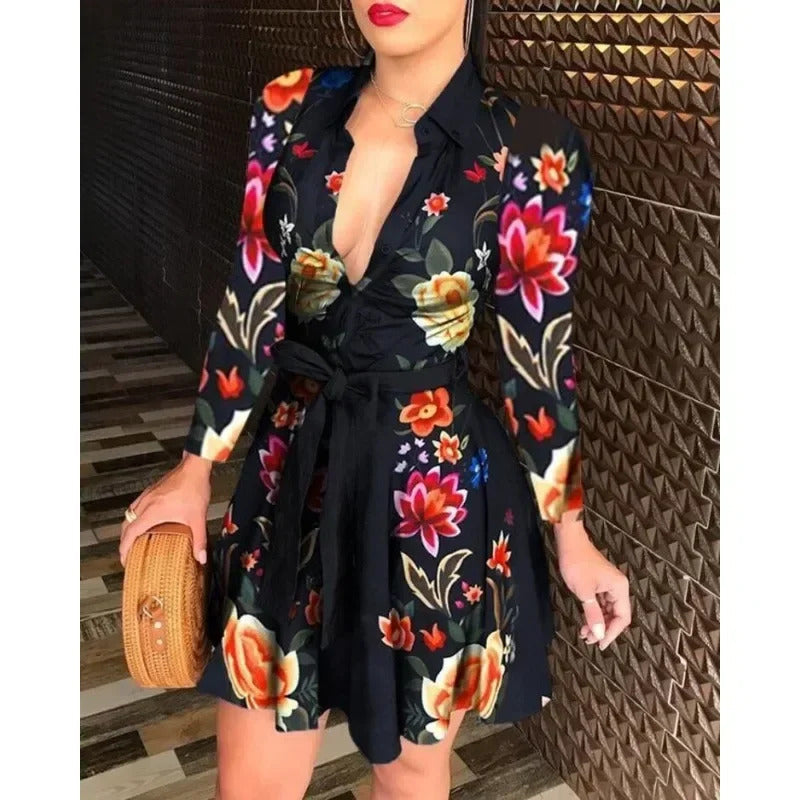 Hot Selling Women's S-2XL Size Fall Lapel Button Long Sleeve Casual Dress Fashion Printed with Belt Elegant Women's Dresses