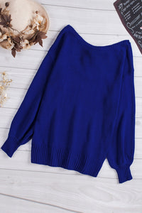 Blue Drop Shoulder Back Cut-out Sweater with Tie