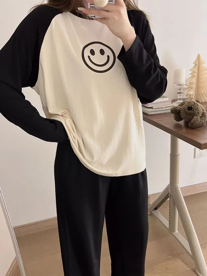 Women's Loose Round Neck Cute Kitty Homewear Pajamas Women's Simple Leisure Long Sleeve Long Pants Two-piece Suit Pajamas  Women