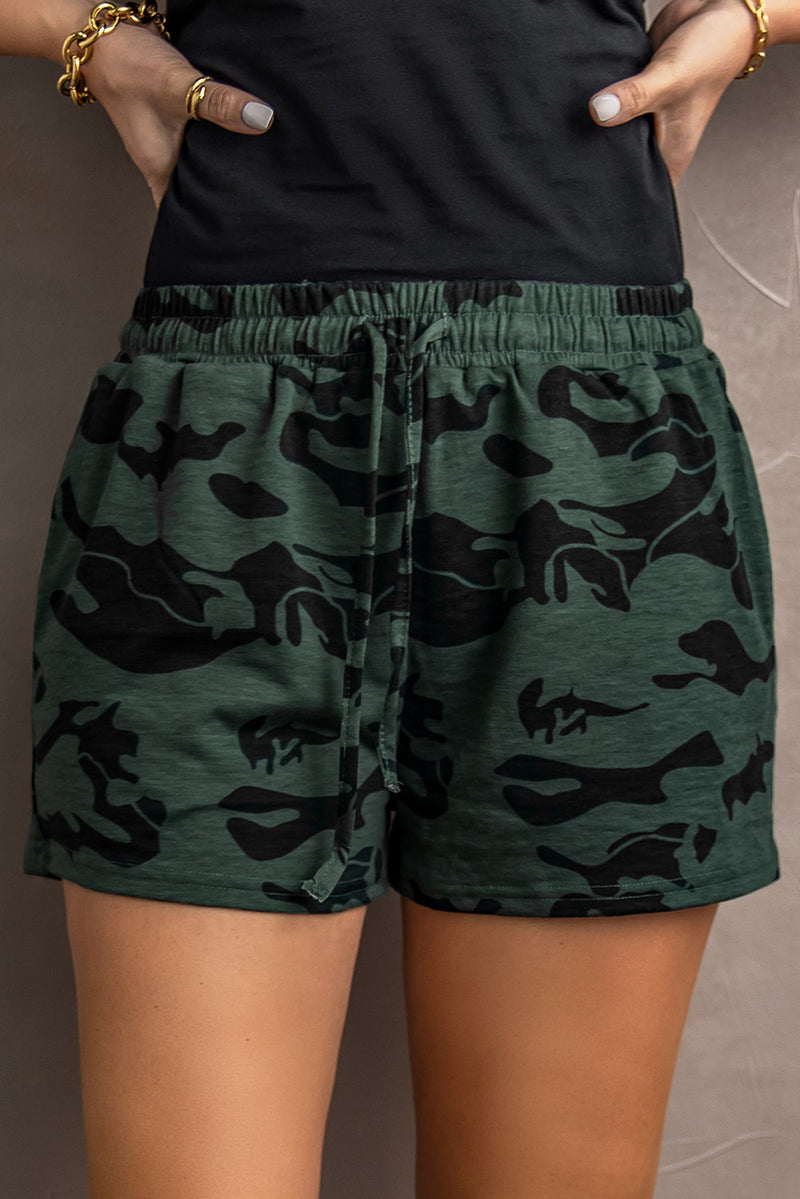 Army Green Camo Print Raw Hem Casual Shorts