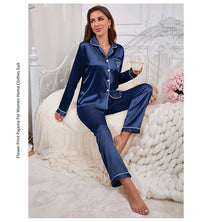 Autumn Satin Pajama for Women Heart-shaped Embroidery Sleepwear & Loungewear Long Sleeve Top & Pants Home Clothes Pyjama 2 Piece