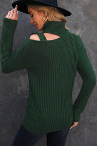 Green Strapped Cut out Shoulder Turtleneck Sweater