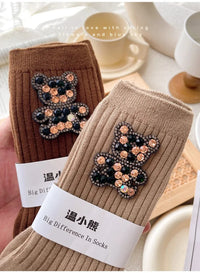 Diamond Cartoon Bear Decorative Socks, Fashionable Diamond Sparkling Women's Socks, Comfortable And Breathable Christmas Socks