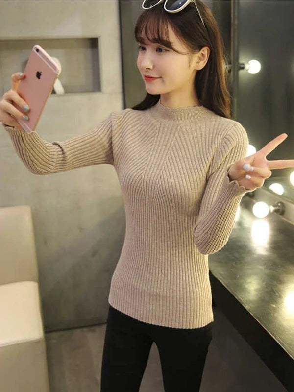 2024 Autumn Women Mock Neck Ruffles Sweater Long Sleeve Knitted Bottoming Solid Pullovers Stripe Women Casual Sweater Winter