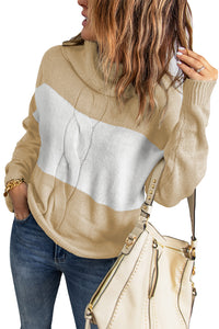 Khaki Colorblock Turtleneck Loose Knitted Sweater