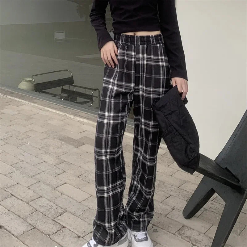 Fashion Warm Plush Pants Cashmere Thick Plaid Ladies Winter Casual Loose Wide-legged Pants Korean Streetwear Students