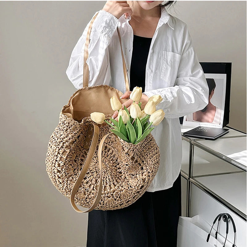 Summer Round Straw Women Vacation Woven Beach Shoulder Bag Large Capacity Hollow Out Simple Tote Bag