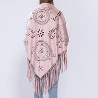 Women's Loose Suede Fringe Open Poncho Cloak Shawl Wrap with Punch Hole Patterns and Graceful Fringes Dropshipping