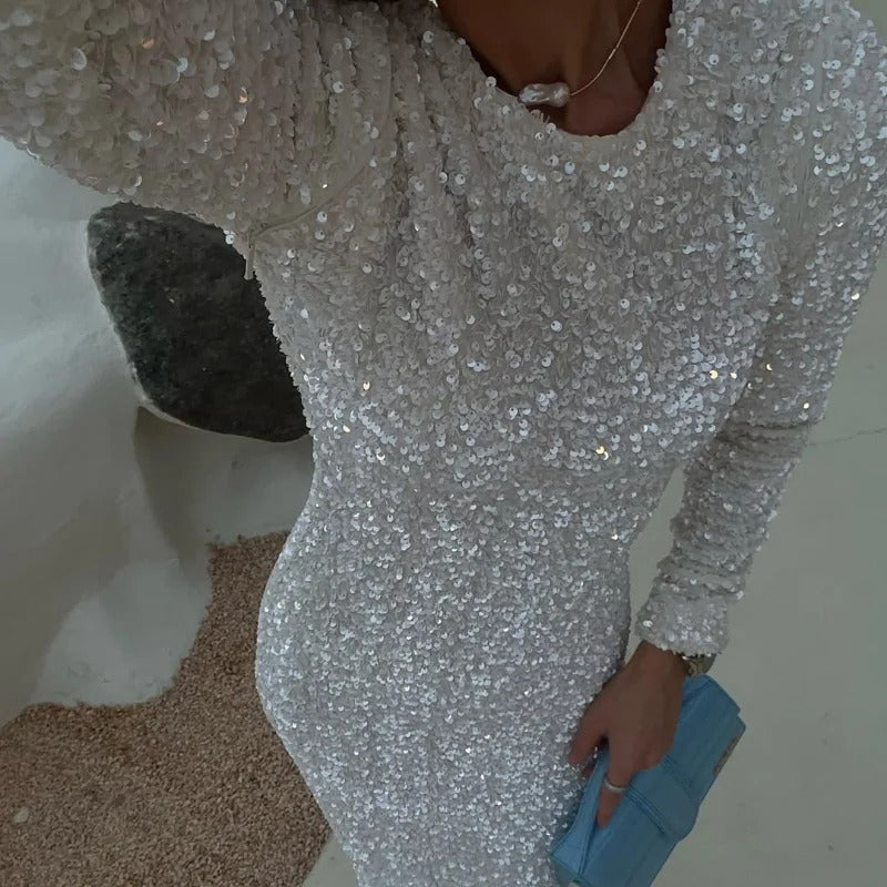 Elegant Sequined Long Party Dress Women Slim O-neck Detachable Full Sleeve Female Dresses 2024 Lady Solid Shining Evening Robe