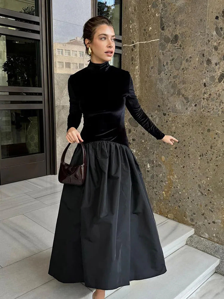 Fashion Contrast Splicing Pleated Long Dress For Women Casual Round Neck Loose Cropped Vestido 2025 Lady High Street Robe Spring