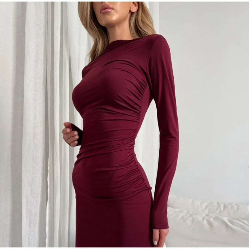 2024 Fashion Burgundy Skinny O-neck Midi Dress For Women Elegant Long Sleeved Back Split Vestidos New Female Party Evening Robes