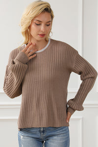 Smoke Gray Balloon Sleeve High Low Split Sweater