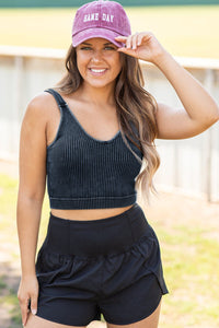 Carbon Grey Mineral Wash V-Neck Ribbed Crop Top