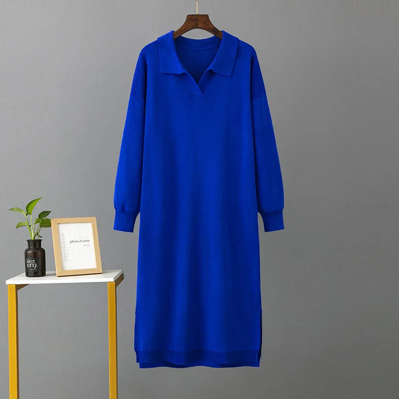 HLBCBG New Straight Autumn Winter Long Sweater Dress Women Split Side Long POLO Neck Maix Sweater Dress Female Basic Loose Dress