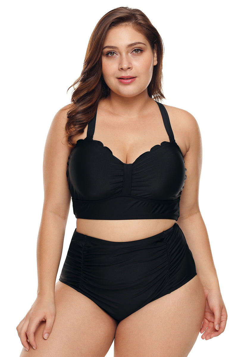 Black Plus Size Scalloped Detail High Waist Bikini Swimsuit