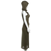 Goth Dark Cyber Gothic Desert Walker Hooded Dresses Y2k Punk Grunge Hollow Out Midi Dress Women Sexy Split Side Solid Streetwear