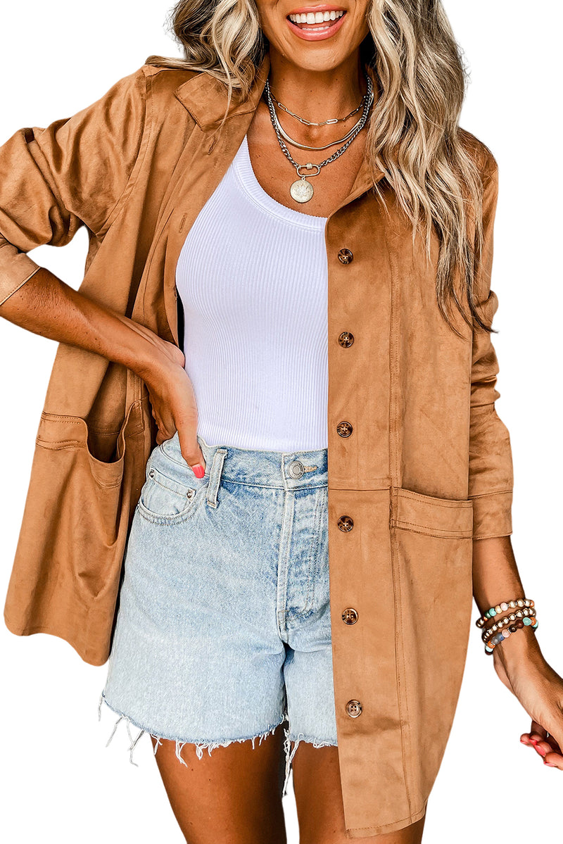 Camel Faux Suede Button Up Jacket