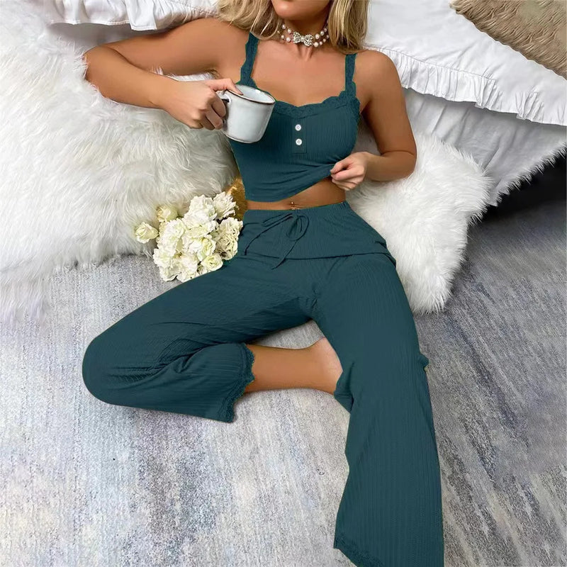 Women's Sexy Pajamas Set 2024 Summer Ribbed Sleeveless Top Long Pants Sleepwear 2 Piece Set For Women Home Casual Suspender Suit