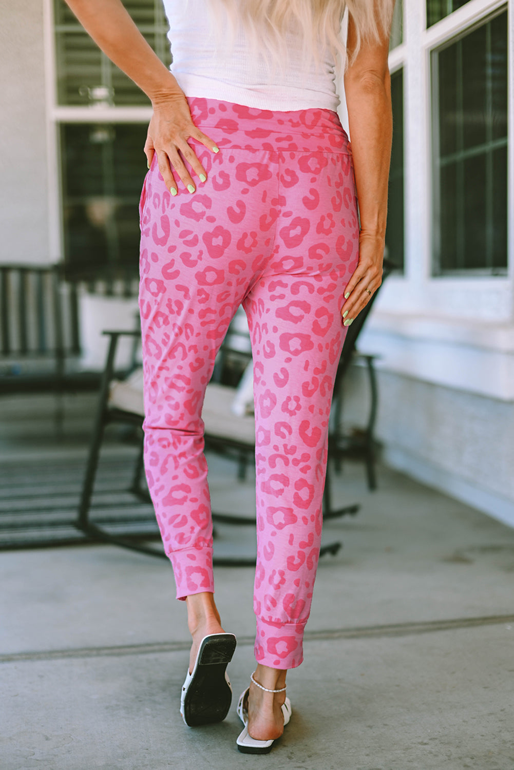 Pink Leopard Print Ankle-length High Waist Skinny Pants