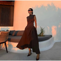 2024 Chic Solid Slanted Collar Pleated A-line Maxi Dress Women's Elegant Sleeveless High Waist Slim Dresses Female Evening Robes