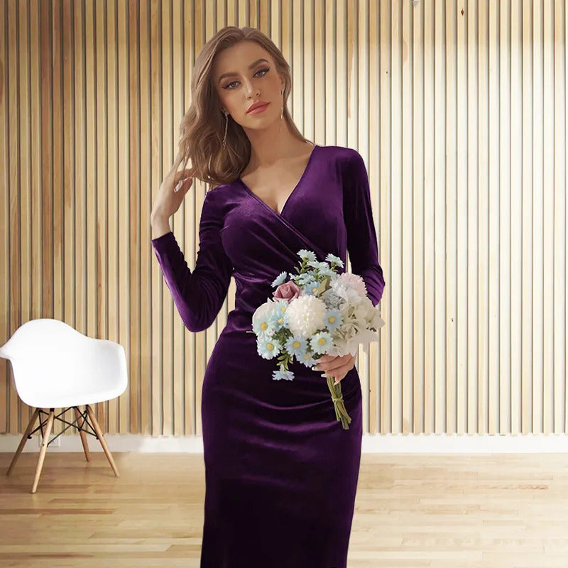 Lady Holiday Christmas Dress Elegant vintage velvet autumn Winter  V-neck long sleeve stretch waist length dress Party Dress