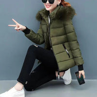 Zipper Fur Hooded Short Down Cotton Jacket Thickened Coat Fall Winter Casual Elegant Long Sleeve Warm Pockets Women Clothing New