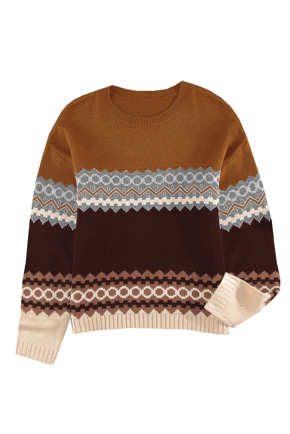 Brown Printed Crew Neck Knit Sweater