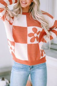 Orchid Petal Checkered Floral Print Striped Sleeve Sweater