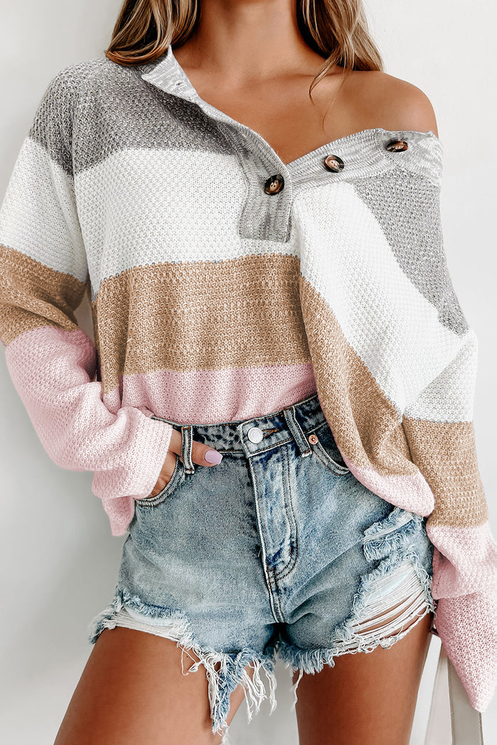 Multicolour Loose Colorblock Knitted Henley Sweater