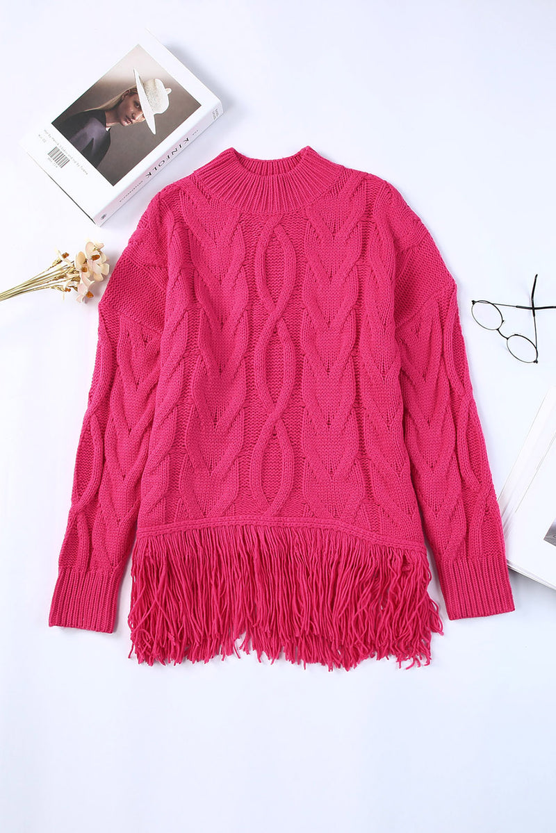 Rose High Neck Cable Knit Tasseled Sweater