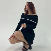 Mingmingxi Autumn Off The Shoulder Sweater Dress 2024 Elegant Long Sleeve Knitted Dress Sexy Causal Warm White Dress Women