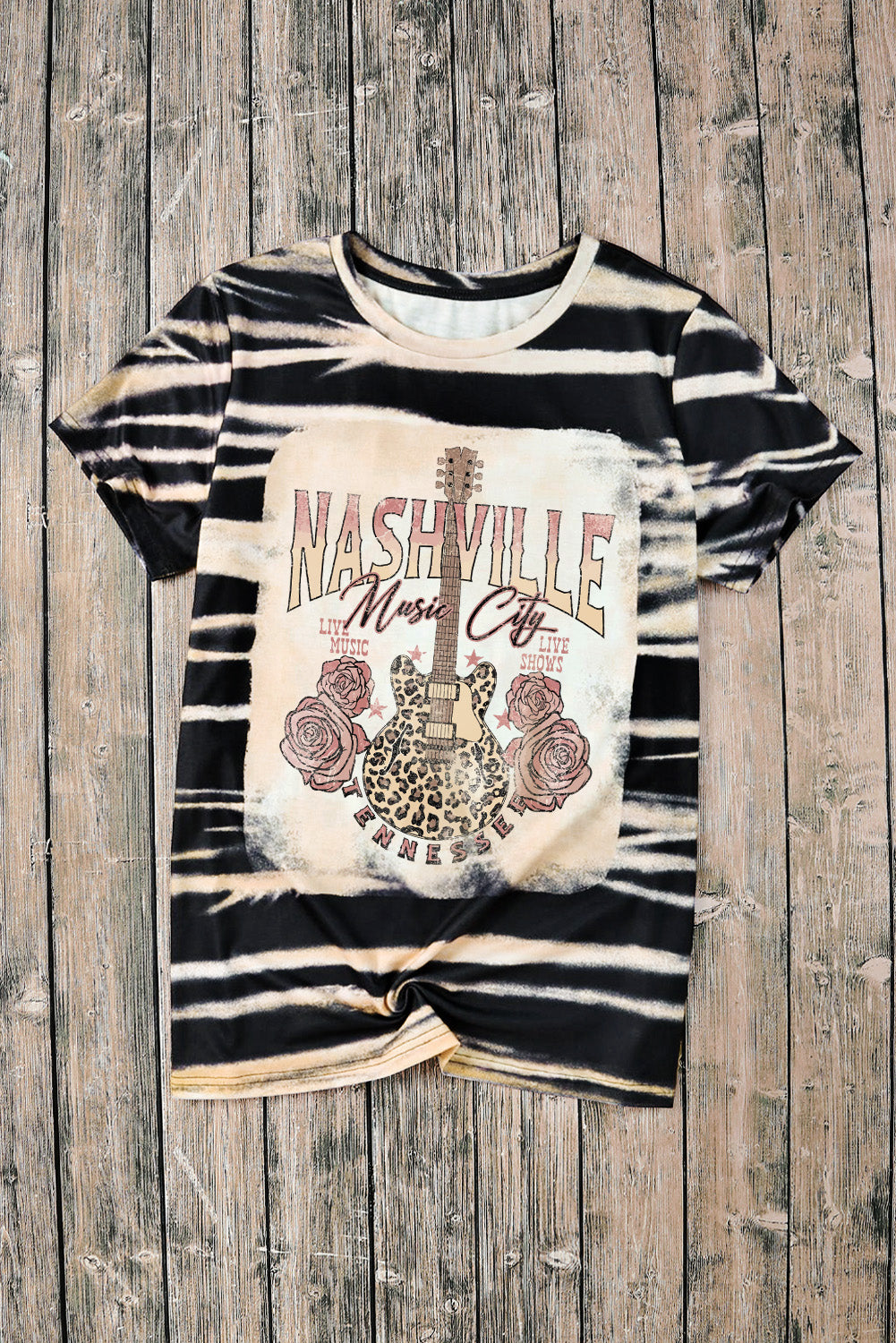 Blue Animal Stripe Bleached NASHVILLE Guitar Graphic Tee