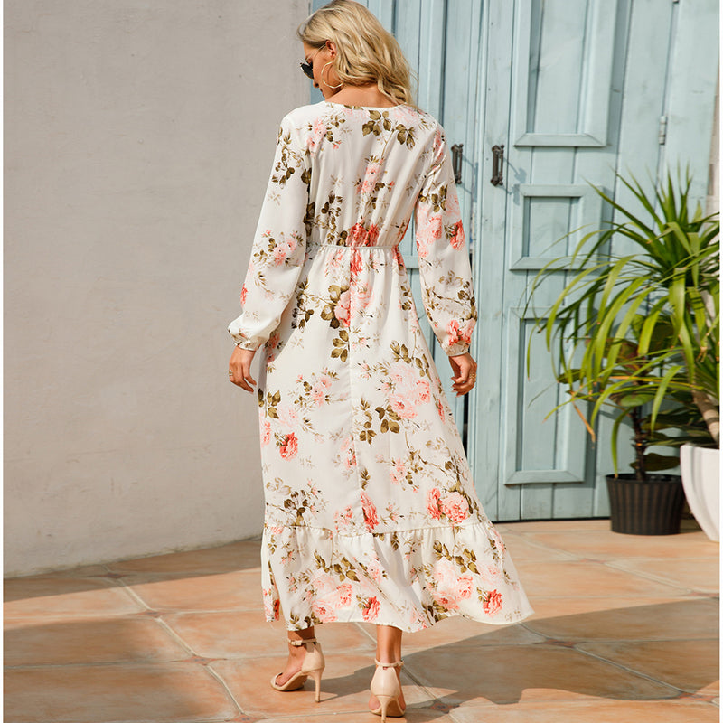 Women Maxi Dresses Sping Autumn Bohemian Casual Full Sleeve High Waist Beach Woman Chiffon Dresses Floral Vestidoes Long Dress