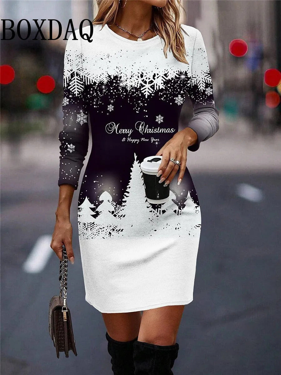 New 2025 Women Christmas Party Dress Cute Funny X-mas Snowman Snowflake 3D Printed Dress Winter Long Sleeve O-Neck Casual Dress