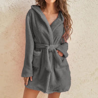 Women Bath Robe Winter Fluffy Plush Pyjamas Ladies Sexy Hooded Dressing Solid Color Gown Warm Bathrobe Female Home Clothing