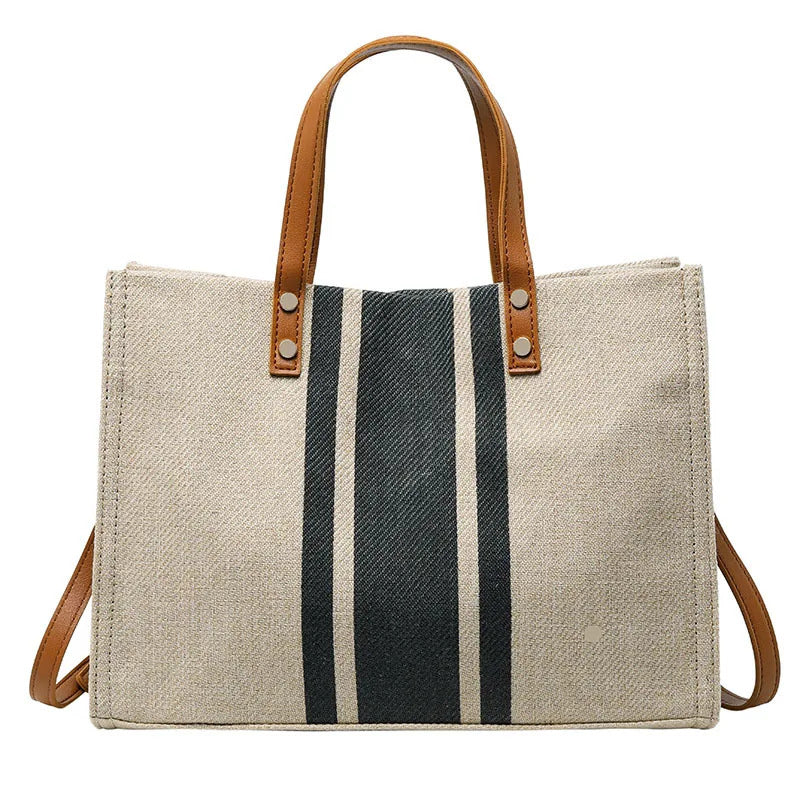 Simple Canvas Stripe Decor Bucket Handbags Women Top Handle Tote Bag Large Capacity Casual Shoulder Crossbody Bags