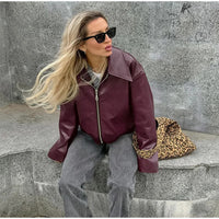 Elegant Burgundy Faux Leather Jackets Women Fashion Lapel Zipper Long Sleeve Female Coats 2024 Autumn Winter Lady Street Outwear