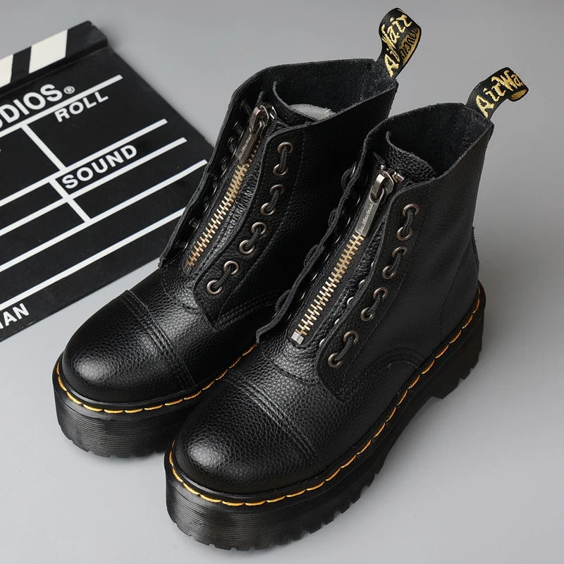 Women Boots Genuine Leather Platform Boots Motorcycle Shoes Front Zipper Optical Soles Fashion Sexy Punk Men Winter Boots 35-46