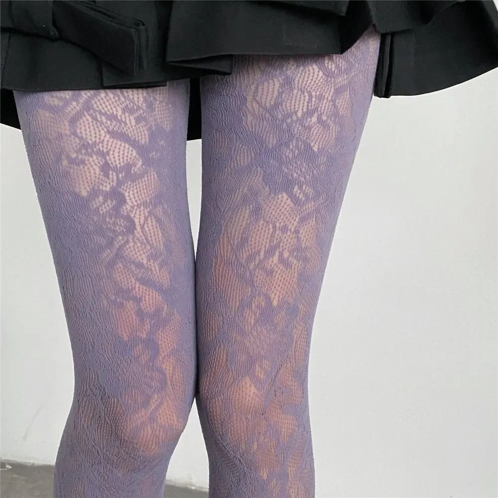 Y2k Fashion Gothic Flower Hollow Out Sexy Pantyhose Women Fishnet Wine Red Ins Hot Girls JK Tights High Elastic Hipster Leggings