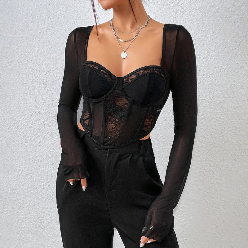 Vemina Selection of Autumn Chic Sexy V Neck Long Sleeve Mesh Crop Top, Women Black Lace Embroidery Hollow Out Slim Blouses