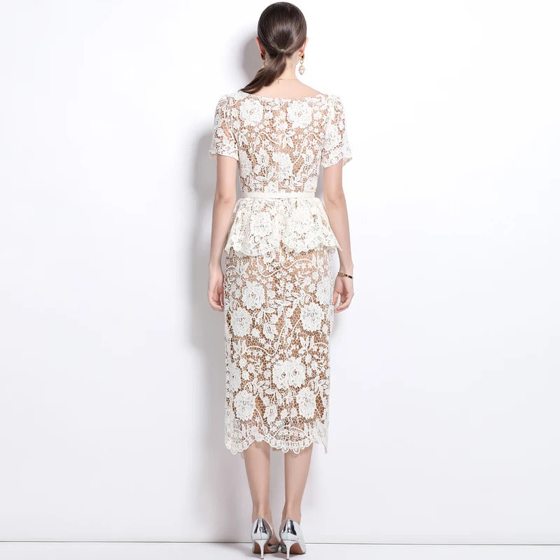 Quality Summer Beaded Diamonds Embroidery Beige White Lace Evening Dress Women Short Sleeve Ruffle Peplum Midi Prom Dresses Long