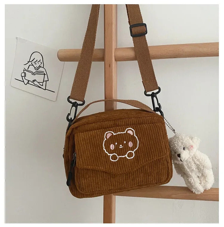 Personalized Teddy Bear Embroidered Diagonal Shoulder Bag, Corduroy Leisure Bag, WOMEN'S Crossbody Bag