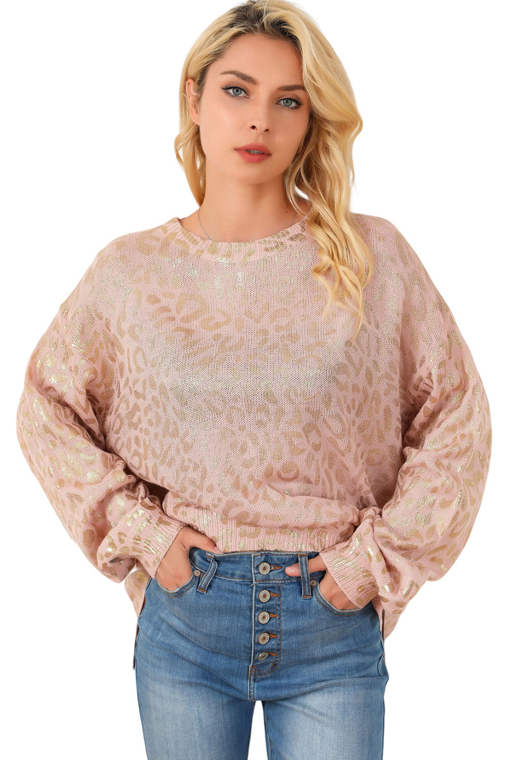 Apricot Glitter Leopard Print Puff Sleeve Sweater