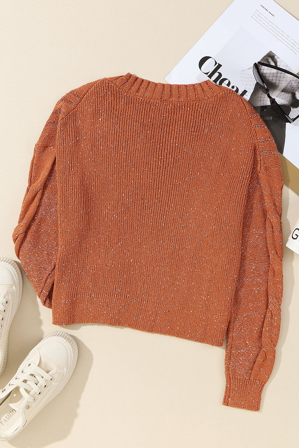 Brown Loose Fit Knit V Neck Cropped Sweater