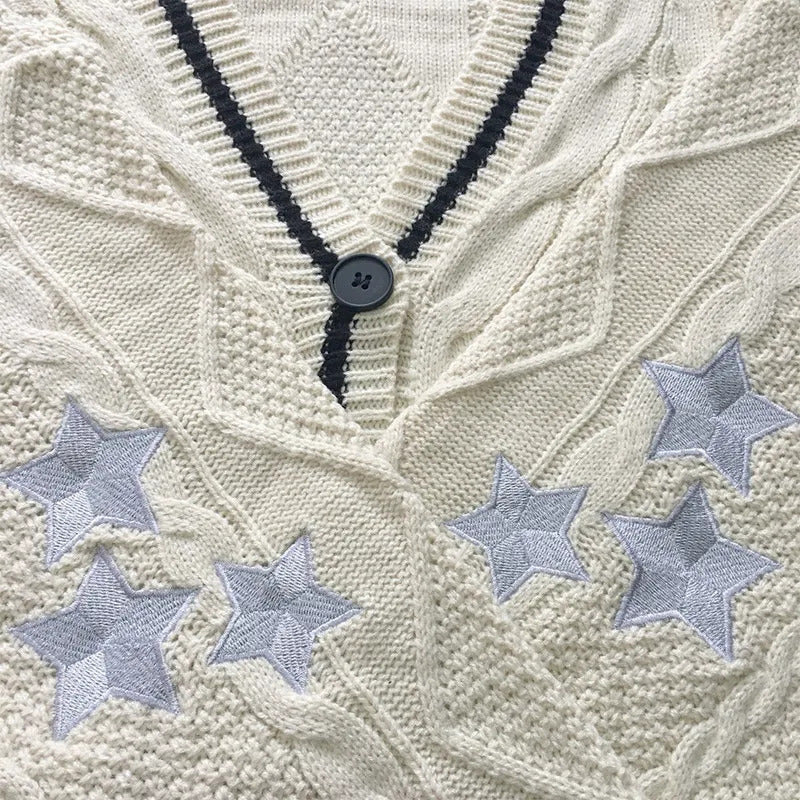 Knit Print Winter Cardigan Sweater Chic Vintage Star Preppy Long Sleeve Autumn V Neck Aesthetic Retro Single Breasted Sweaters