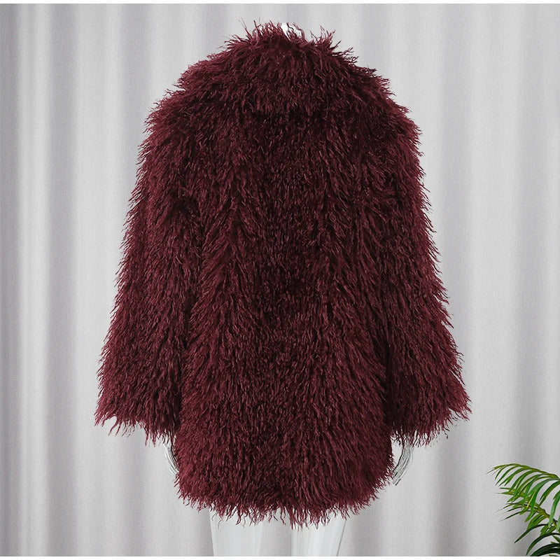 Red Smooth Hooded Fluffy Faux Fur Women Fasion Turn-down Collar Jacket Coat Winter Warm  Casual Commute High Street Outerwear