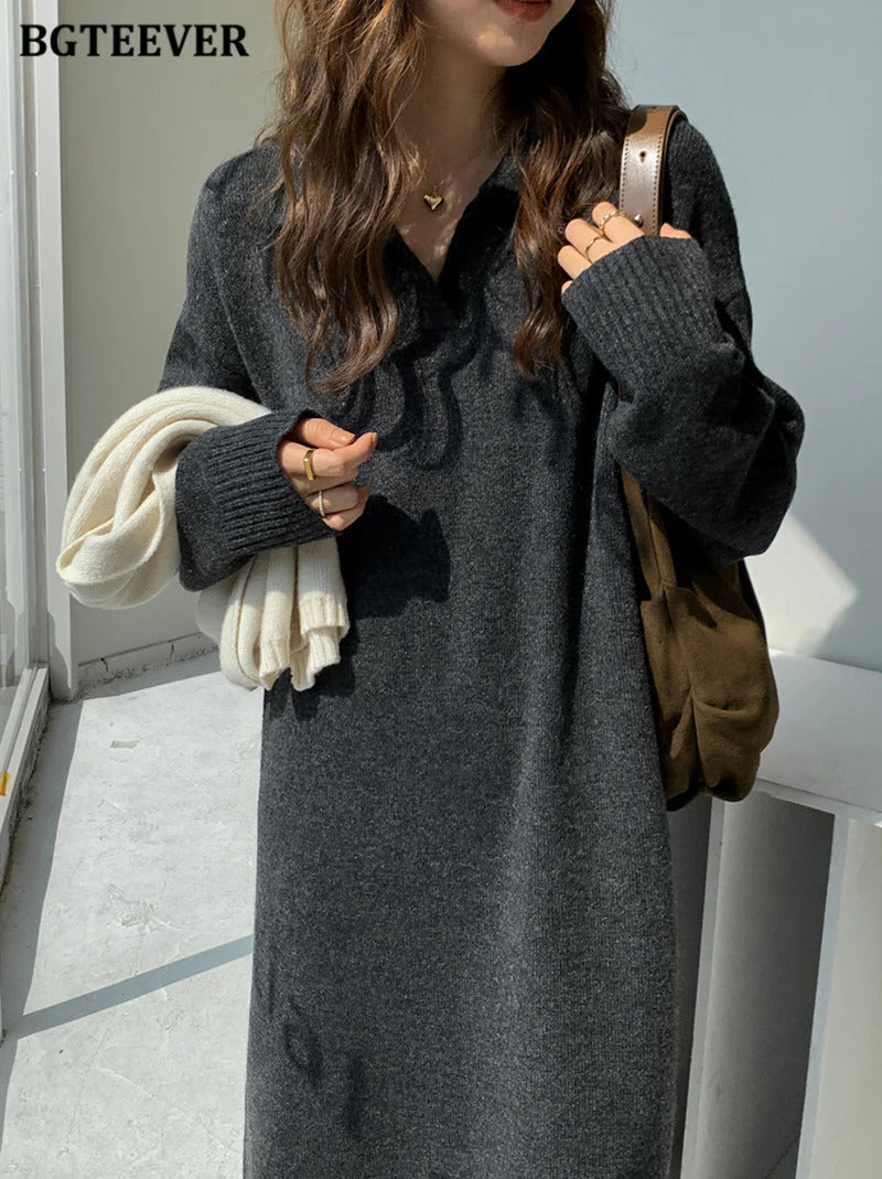 BGTEEVER Casual Thicken Warm Loose Sweater Dress Women Autumn Winter Lapel Full Sleeve Solid Long Knitted Dress Female vestidos